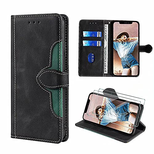 FMPCUON Hülle für OnePlus 8T,OnePlus 8T Schutzhülle/Klapphülle,Leder Flip Wallet Case Tasche Handytasche Cover [Panzerglas Schutzfolie *2] Schwarz