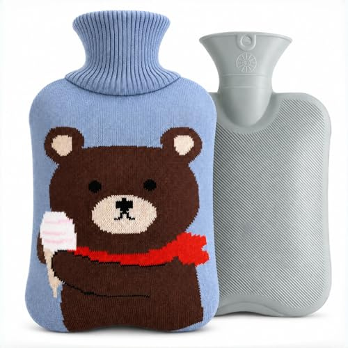 OliviaLiving Wärmflasche für Wärm, 2 Liter, zum Aufheizen und Wiedergefrieren, mit Strickbezug zur Schmerzlinderung, Heißkältetherapie, Cartoon-Bär