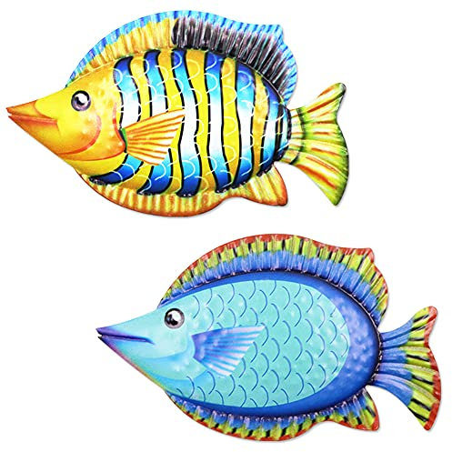 Haohai Metall Fisch Wanddekoration, Wandskulpturen, Tropische Fische Metall Hängende Wanddeko (Orange, Blau)