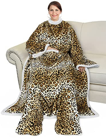 Catalonia Classy Leopard Wearable Sherpa Blanket with Sleeves and Foot Pocket, Soft Cosy Fleece Slankets for Women Warm Fluffy Plush Throws Winter TV Blanket for Sofa Couch 190 x 135 cm