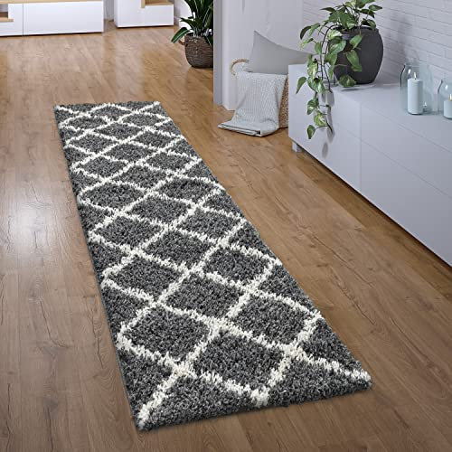 Paco Home Hochflor Teppich Läufer Flur Schlafzimmer Wohnzimmerteppich Shaggy Langflor Modern Skandinavisch Rautenmuster, Grösse:80x300 cm, Farbe:Anthrazit