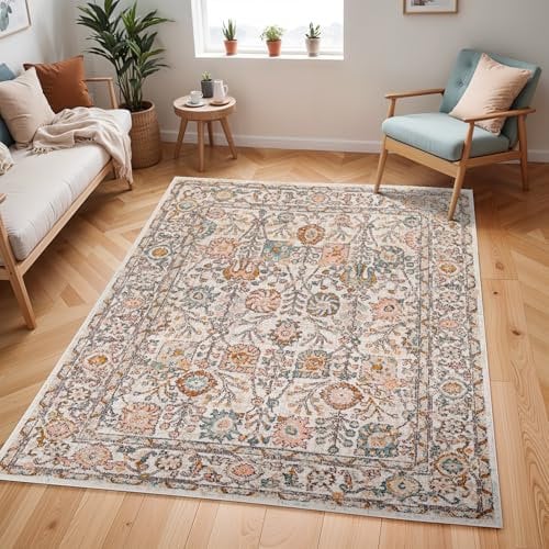 Livabliss Wicklow Vintage Teppich Groß - Orientalischer Boho für Wohnzimmer, Esszimmer, Schlafzimmer - 160x213 cm, Kurzflor, Einfache Pflege - Muster in Elfenbein, Rosa