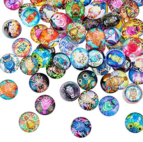 NBEADS 100 Stück 50 Stile Eule Bedruckte Glas cabochons 12 mm, Glaskuppel-Cabochons Flatback-Mosaikfliese 12 mm Cabochons Für Die Schmuckherstellung Foto-Anhänger-Einfassungstablett