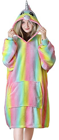 Queenshin Sweat à Capuche Pull Plaid Cosy Sweet Rayures Licorne Arc en Ciel Sweat Plaid, Douce et Chaude Couverture Fluffy Pour Femme Fille, Taille Unique