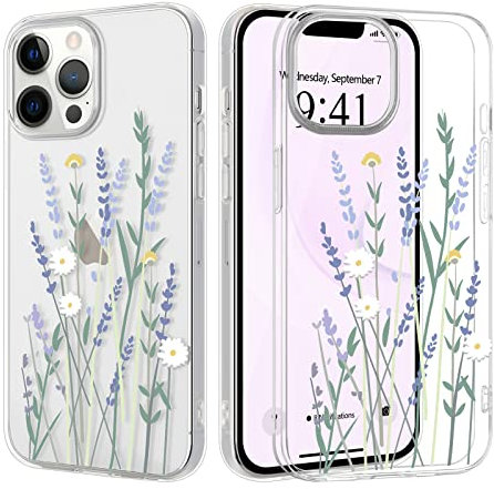 Clear Phone Case Compatible with iPhone 13 Pro Soft Silicone Shockproof Transparent TPU Protective Daisy Floral Lavenders Patterns Design Case Girls&Women Cute Cover
