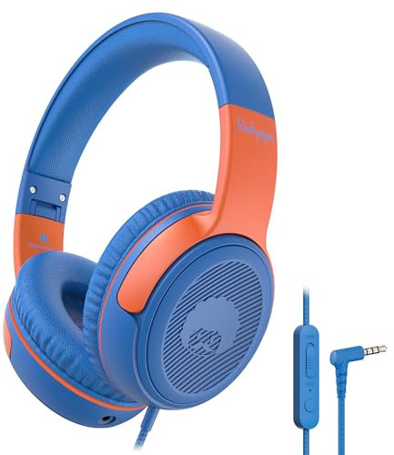 RockPapa Share 1 Kopfhörer Kinder Schule Mädchen Junge, 85dB/94dB Lautstärkebegrenzung, Sharing-Funktion, Faltbarer, Kinder kopfhörer mit Kabel und Mikrofon für Travel, Tablet, Handy, PC, Blau Orange