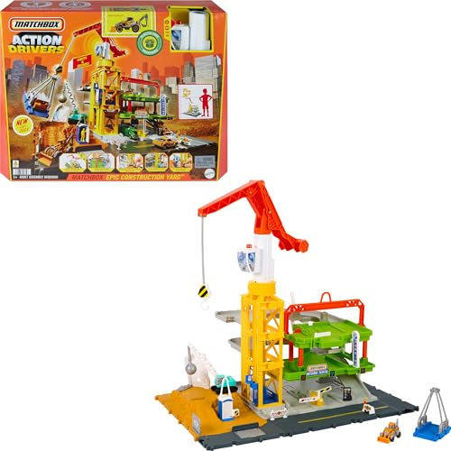 Matchbox Spielzeugautos & Spielset, Action Drivers Epischer Bauhof, 50,8 cm hoher Arbeitskran & 1:64 Maßstab Heckhacke & Zubehör