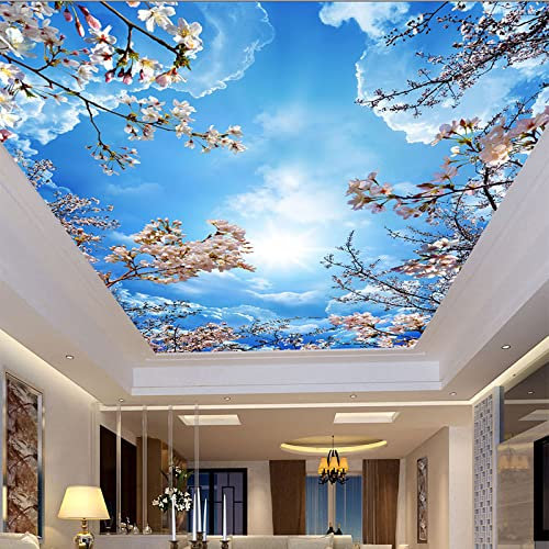 BOEERLCNL PVC self Adhesive 3D Ceiling Wallpaper Romantic Blue Sky White Clouds Cherry Blossom Living Room Bedroom roof Sticker Wall Mural