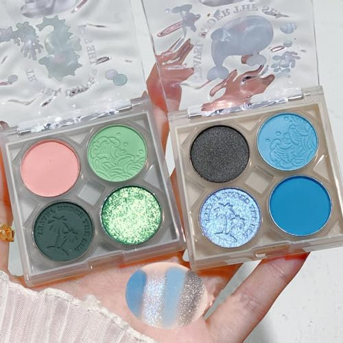 Lidschatten-Palette, Lang Anhaltende Lidschatten-Palette, Professionelle Hochpigmentierte Lidschatten-Palette, 4 Farbtöne, Matt Lidschatten, Perlglanz Pailletten Eyeshadow (blau)