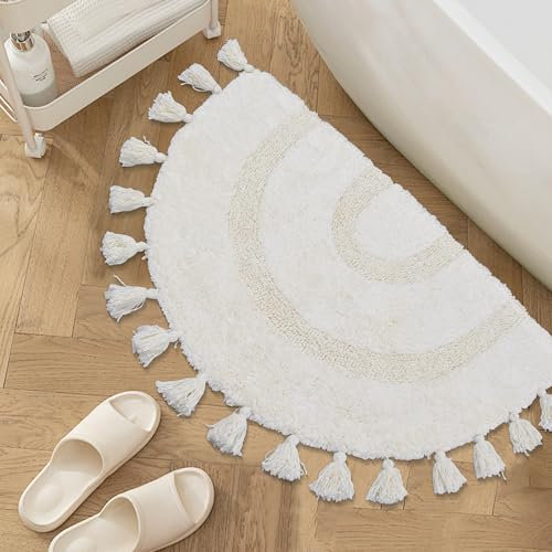 Boho-Badezimmerteppiche mit Quasten, handgewebte Baumwollmatte, halbrund, Badematte, rutschfest, waschbar, Boho-Badematte, Teppich für Badezimmer, Dusche, Badewanne, 50,8 x 81,3 cm, Weiß…