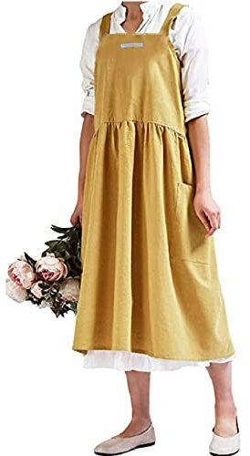 Schürze damen, japanische kochschürze damen, Baumwolle und Leinen, mit gekreuzten Trägern, Lätzchen, einfarbig, Baumwolle, Vintage, Küchenschürze mit 2 Taschen Gartenarbeit, Floristik