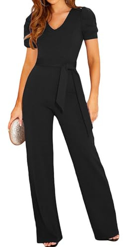 Coloody Damen Lang Jumpsuit Overall Hosenanzug V Ausschnitt Elegant Romper Kurzarm Rundhals Playsuit mit Gürtel