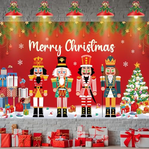 Weihnachten Banner Nussknacker, Großes Vintage Weihnachtsbanner mit Rot Nussknacker Figur, Frohe Weihnachtsdeko Banner für Merry Christmas Deko Silvester Partybedarf Weihnachten Hintergrund Banner