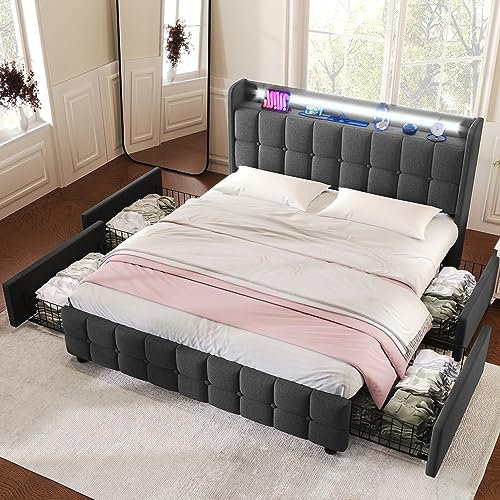 FEZTOY Doppelbett 180x200cm, Polsterbett Stauraum-Kopfteil Bett mit Aufladen USB und 4 Schubladen, Jugendbett Stauraumbetten Bettgestell,Grau,Ohne Matratze