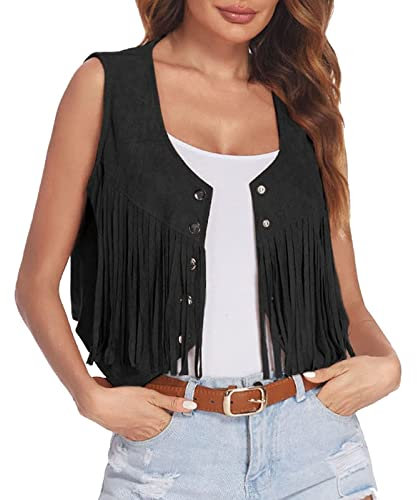 2024 Gilet natalizio con frange da donna in finta pelle scamosciata aperta sul davanti, senza maniche, stile hippie anni '70, giacca in pile lunga, Nero , L