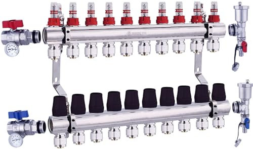 Nordic Tec Heizkreisverteiler mit Eurokonus-Anschlüssen, Durchflussmesser, Oberthermometer, (10 Heizkreise, mit Eurokonus 3/4x16 und Kugelhähne)