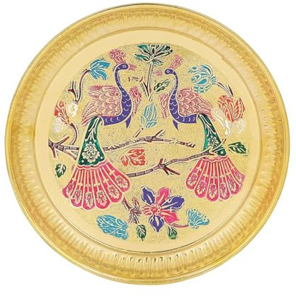 Tarini Gallery Pooja Thali Plate Small Hand Crafted Embossed Colorful Design Peacock Essential Puja Article for Rituals Festivals Home Temple Office Wedding and Gifting (Peacock Plate - 7)