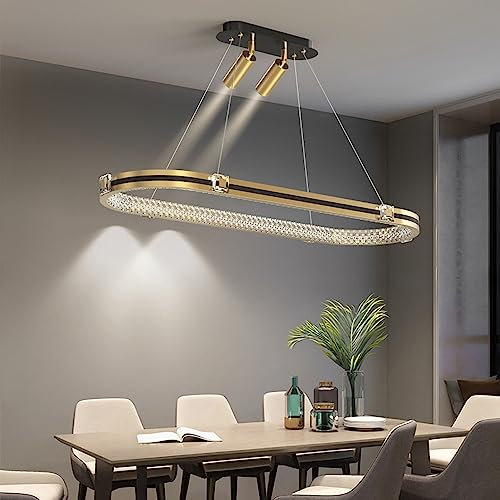 Lámpara de araña LED rectangular moderna de mediados de siglo para mesa de comedor, atenuación de 65 W, lámpara de oro negro, anillo de cristal de cuero, lámpara colgante de techo con foco para cocin