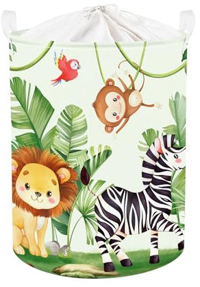 Clastyle 45L Süße Tropische Tiere Kinder Wäschekorb für Jungen Mädchen Elefant Rund Grüner Spielzeug Kleidung Aufbewahrungskorb für Kinderzimmer, 36x45 cm