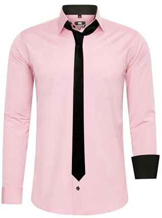 Rusty Neal Herren-Hemd Premium Slim Fit Langarm Stretch Kontrast Hemd mit Krawatte Business-Hemden Outfit Freizeithemd Set 44_99, Größe:6XL, Farbe:Rosa