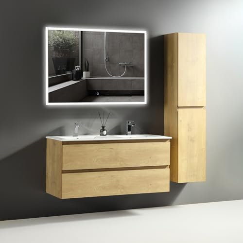 Alpenberger Badezimmermöbel Set | Waschbecken mit Unterschrank | Doppelwaschbecken Doppelwaschtisch mit Led Spiegel Bad | Badschrank Hochschrank | Waschbeckenunterschrank (Vivento 120 Eiche N)