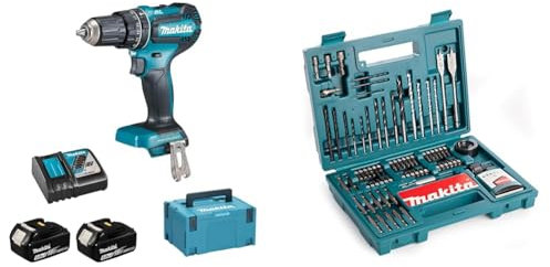 Perceuse à percussion 18V LXT (2x5.0 Ah) en MAKPAC - MAKITA DHP485RTJ & B-53811 Ensemble d'accessoires multicolores, 100 pièces