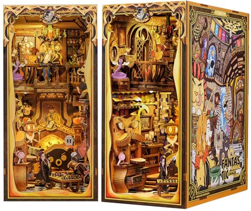 CUTEBEE Book Nook DIY Kit – DIY Puppenhäuser Miniatur Haus Kit mit Möbeln und LED-Licht, 3D Puzzle Buchstützen aus Holz, Modellbausätze für Erwachsene zum Bauen (Fantastic Aimal Common Room)