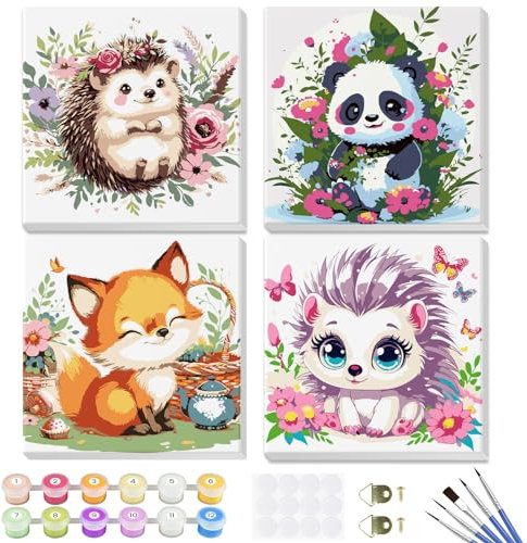 GHHKUD Malen Nach Zahlen Kinder Erwachsene, 4 Stück Süße Tiere Malen Nach Zahlen für Kinder ab 5–6–7–9–10 Jahren mit Pinseln Acrylpigment, Geschenk für Mädchen und Jungen