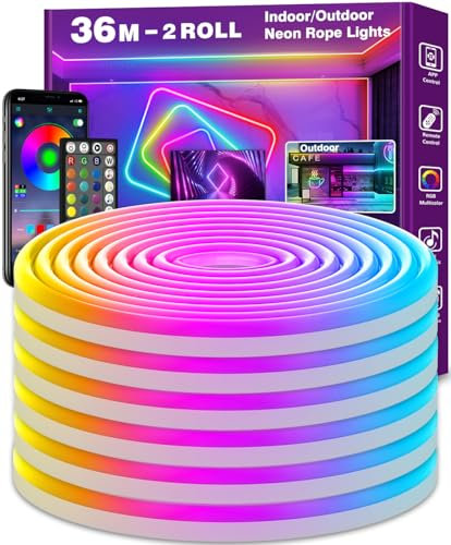 LETIANPAI 36 m LED Neon Rope Lights, Control with App/Remote Control, Flexible LED Rope Light, Multiple Modes, IP65 Outdoor RGB Neon Lights, Waterproof