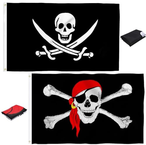 ElevaPulse 2er Pack Piratenflagge Outdoor - 90 x 150 cm - Hochwertige Piratenfahne für Piratenparty Kindergeburtstag, Halloween Jolly Roger Piraten Deko, Muster Wikinger Flagge