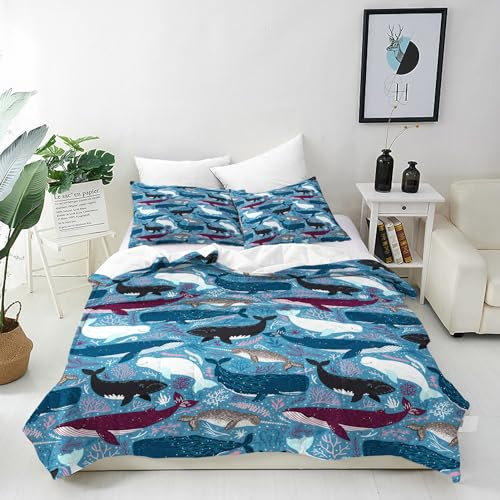 ANHOPE Unterwasser Ozean Tier Wal Bettwäsche Set 2 Teilig Weich Bettbezug 100x135 cm & Kissenbezug 40x60 cm Microfaser Bettbezüge Set mit Reißverschluss Bettdeckenbezug für Kinder Jungen Mädchen