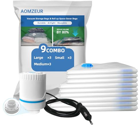 AOMZEUR Sacchetti Sottovuoto Vestiti con Pompa Elettrica, Confezione da 9 (3grandi, 3 medi, 3 piccoli), Sacchi Sottovuoto Piumoni per Coperte, Piumino, Cuscini, Trapunte, Viaggi, Traslochi