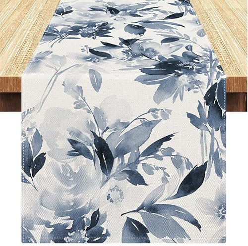 Vorysum Tischläufer Blau Modern Abstrakt Tischläufer Deko Tuschemalerei Blumen Blüte Outdoor Tischläufer Leinen Tischläufer Tischmatten Küche Esstisch Dekoration Drinnen Urlaub Party 33x183cm