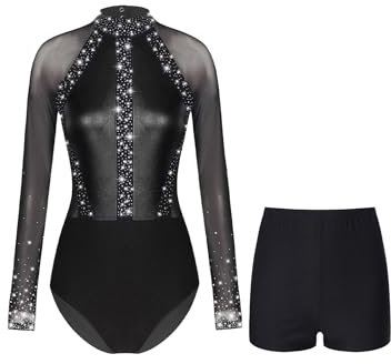 JEATHA Damen Metallic Langarm Ballett Tanz Trikot Leotard mit Gymnastik leggings Set Glänzende Ballettanzug Turnanzug Eiskunstlauf Anzug Schwarz S