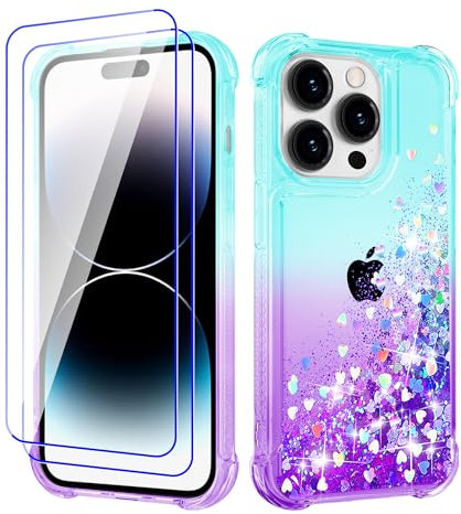 Pilaru Lovely for iPhone 14 Pro Case [2 Screen Protector] Clear Liquid Heart Glitter Soft TPU Cover Transparent Girly Shockproof Protective Phone Case for iPhone 14 Pro,Green-Purple