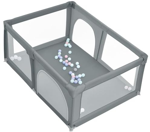 Laufgitter klappbar -Baby Laufstall mit Matte Laufgitter Sicherheitsspielplatz mit superweichem, atmungsaktivem Netz, Kinderzaun für Säuglinge Kleinkinder-180 * 150 * 66 cm – dunkelgrau