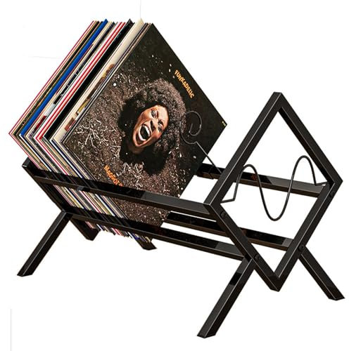 SHUESS Vinyl Record Storage Rack - 12 inches 70 Album Record Holder - Carbon Steel Vinyl Holder - Record Stand for Album and Book Storage, Black