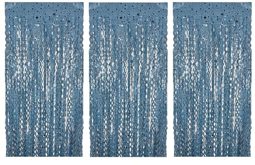 WedDecor Lot de 3 rideaux à franges en feuille d'aluminium métallique brillant à suspendre pour décoration de fête d'anniversaire, mariage, toile de fond photo, Noël, fête prénatale (bleu)