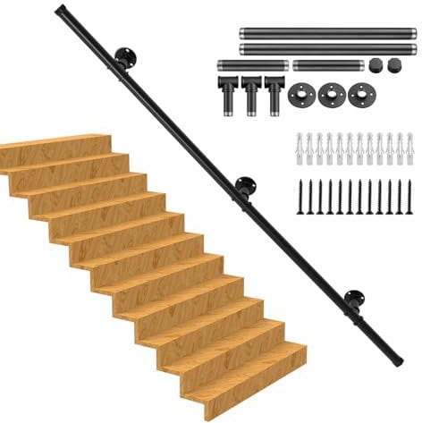 Handlauf Treppe, Rutschfester Treppengeländer Innen und Außen, Geländer Treppe Rohrförmiges Handfußgeländer,Wandhandlauf mit Zubehör Handlauf Schwarz Komplettset 1.5M