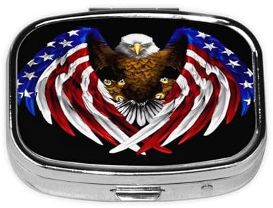 Reisefreundliche Pillendose mit USA-Flagge, tragbarer quadratischer Organizer mit Fächern für Medikamente, Vitamine und Nahrungsergänzungsmittel, langlebiges Metalldesign.