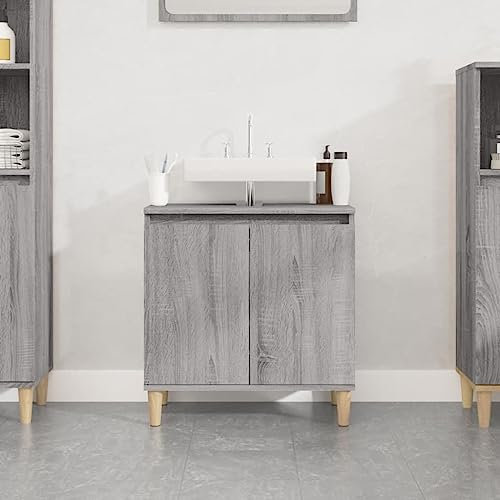 Myheimly Waschbeckenunterschrank,Badschrank mit Stauraum,Waschtisch Unterschrank mit Holzbeinen,Schrank Badunterschrank Badmöbel,Holzwerkstoff WaschbeckenunterschrankGrau Sonoma