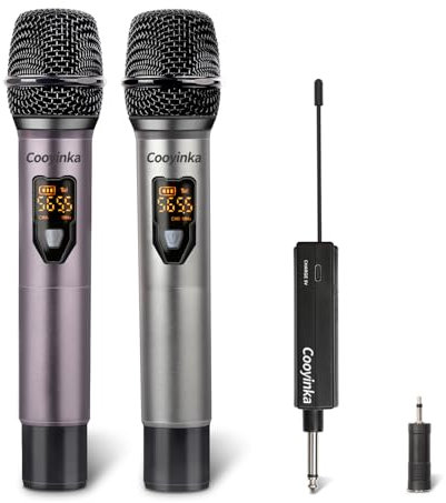 Cooyinka Wireless Microphone, UHF Cordless Dual Handheld Cardioid Dynamic Mic Set with Rechargeable Receiver, 200ft Range for Karaoke Party, Voice Amplifier, PA System, Singing Machine, Church, ect.