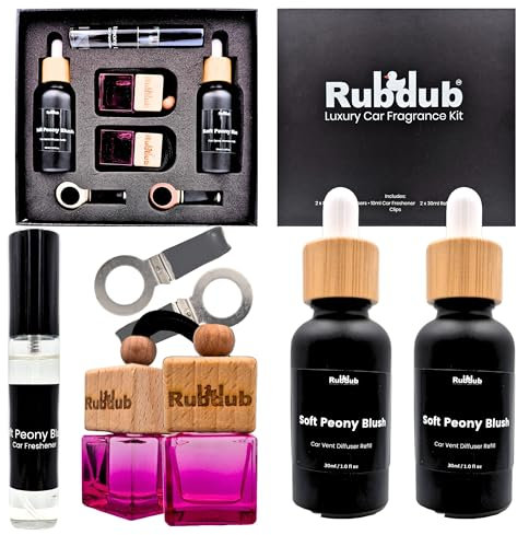 Peony Blush Inspired Car Air Fresheners | Luxury Car Scent Diffuser Refill Gift Set | Strong, Long-Lasting Perfume with Vent Clips | 7-Piece Odour Eliminator by RubDub (Soft Peony Blush)