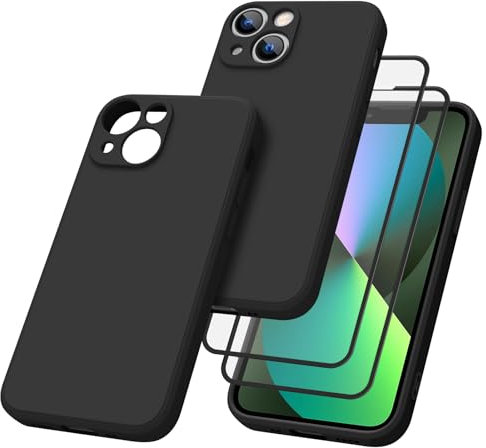 Vancle Slim Silicone Case for iPhone 13mini Phone Case, with 2 HD Screen Protectors, Shockproof Bumper Liquid Silicone Case with Microfiber Lining (Black)