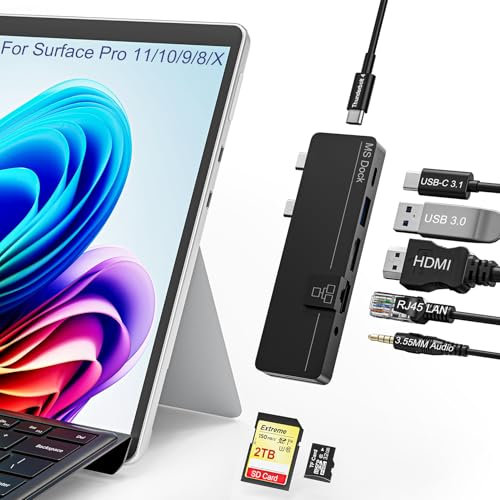 USB C Hub para Surface Pro 11/10/9/8/X, Surface Pro 11 Adaptador con USB C Thunerbolt 4 (8K Video +40 Gbps Datos+100W PD), HDMI Puerto, 100M Ethernet, 1*USB 3.0, 1*Type-C, 3.5mm Audio, SD/TF
