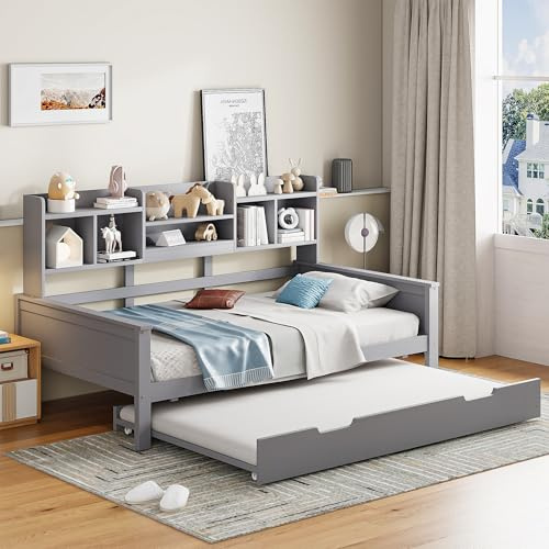Kebnor Ausziehbares Schlafsofa Massivholz, Ausziehbett 90 * 190CM, mit Staufach und Lattenrost, Kiefer Multifunktionsbett, Einzelbett (Grau, 90 * 200CM)