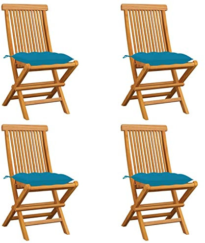 Fasba 4X Teak Massiv Gartenstuhl mit Hellblauen Kissen Klappstuhl Holzstuhl Stuhl Gartenmöbel Stühle Balkonstuhl Terrassenstuhl Essstuhl