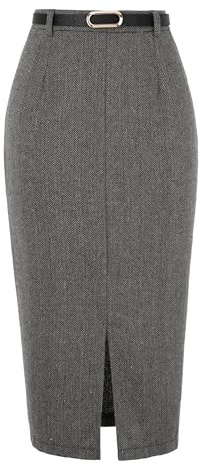 Allegra K Midi Pencil Skirt for Women Vintage Fall Office Work Skirts | High Waisted Front Slit Come with Belt, Herringbone Business Casual Professional Interview Outfits