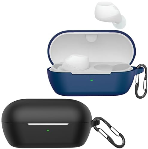 [2-Pack] easyBee Case Compatible with Sony WF-C710NSA Truly Wireless Noise Cancelling Earbuds [2 Carabiners], Liquid Silicone Case Shockproof Protective Bluetooth Headphones Case - Black and Blue