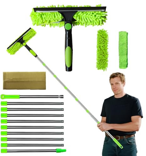 4.2 Meters Window Cleaning kit Extra Long 2in1 window cleaner tool, Extendable Window Squeegee with 180°Rotating Head Spare Microfiber Cloth Squeegee Strips for Home Shower Glass Car RV